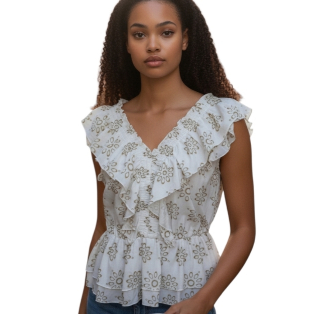 CeCe Floral Ruffle White & Green Blouse Sz.M EUC. - Picture 2 of 8